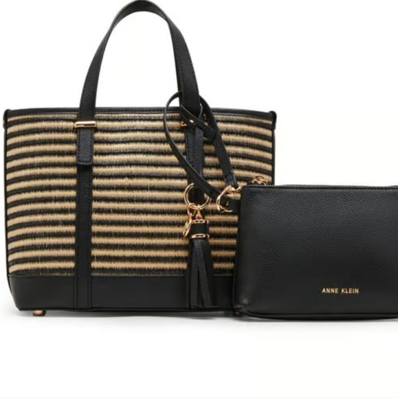 Anne Klein Handbags - NEW Anne Klein 2pc Black and Tan Striped Tote Set